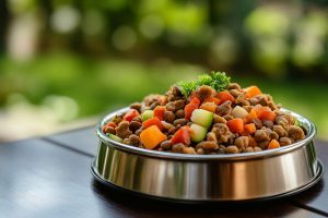 A close-up image of a dog food bowl brimming with a nutritious blend of dry kibble and fresh